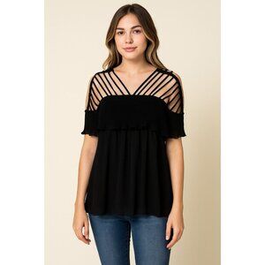 Entro Black Lattice Shoulder Pleated Ruffle Chiffon Blouse – Size Large